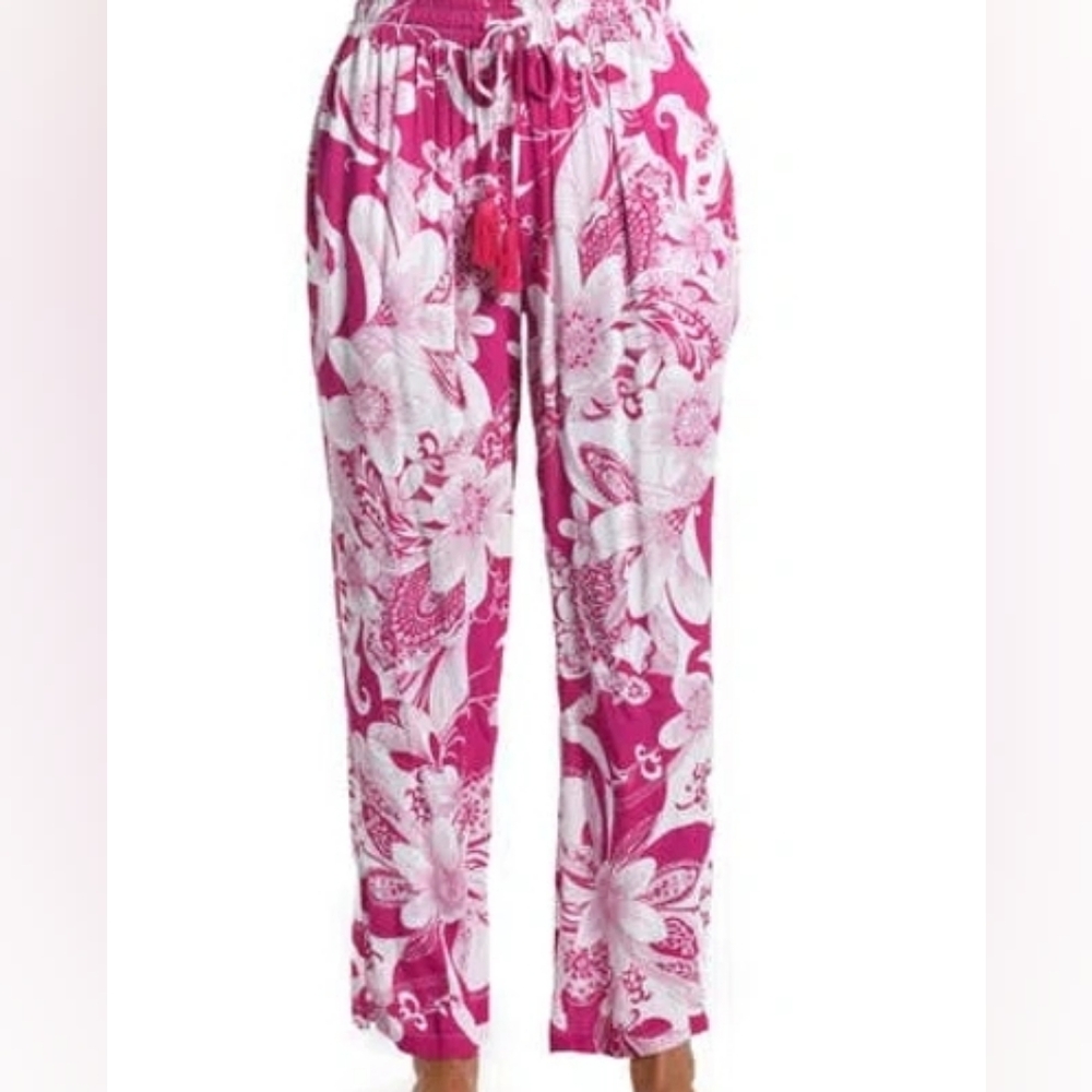 NWT Sunshine 79 Boho Beach Cover Up Palazzo Pants Floral Print Fuschia